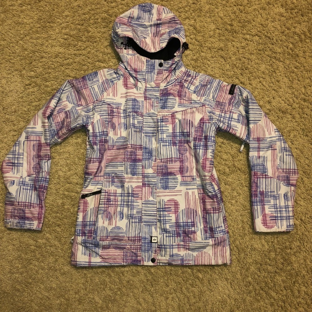 Women's Hooded Waterproof Jacket - White with Pink & Blue Pattern